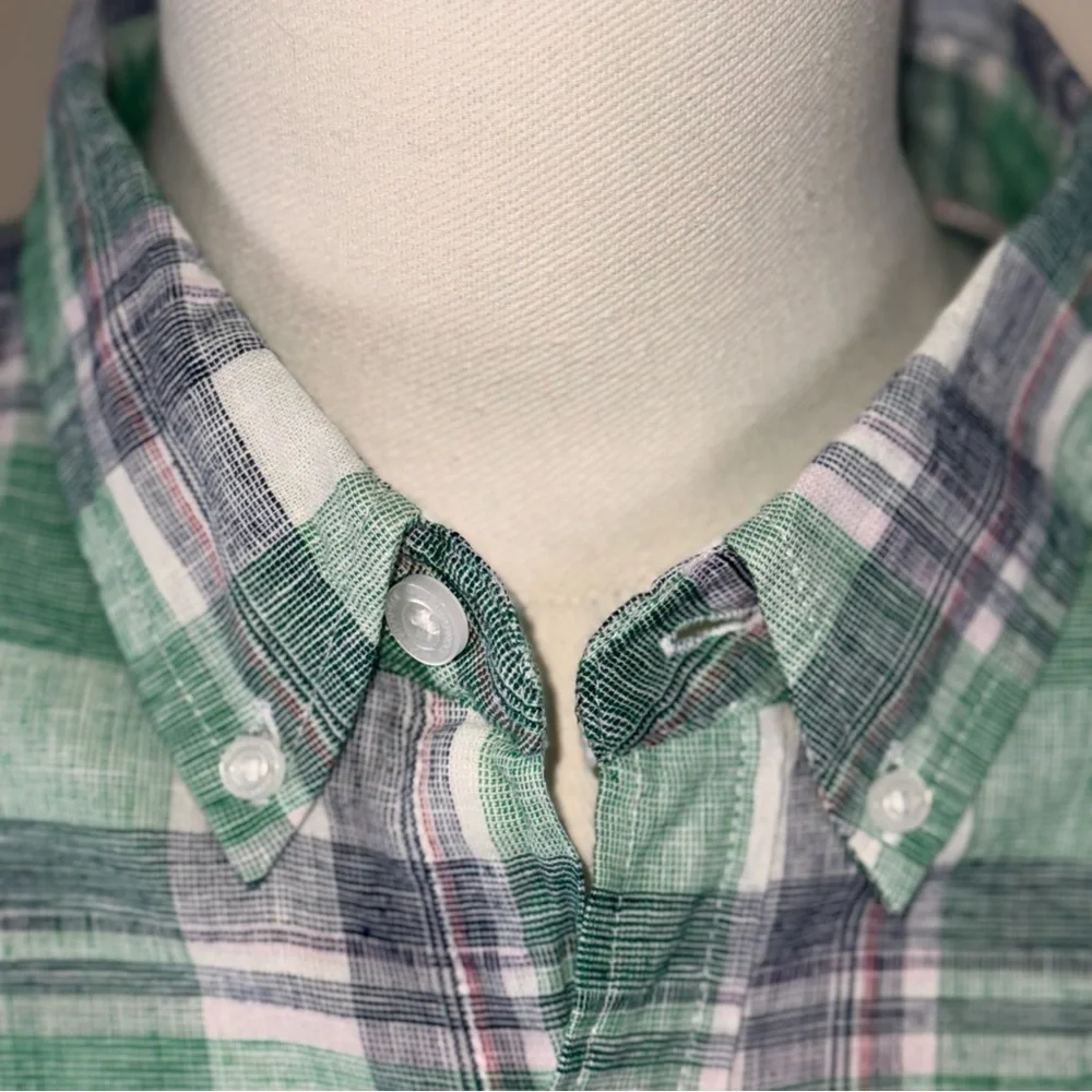 Weatherproof Vintage Men’s Large Linen Green & White Plaid Short Sleeve Shirt - Picture 6 of 10